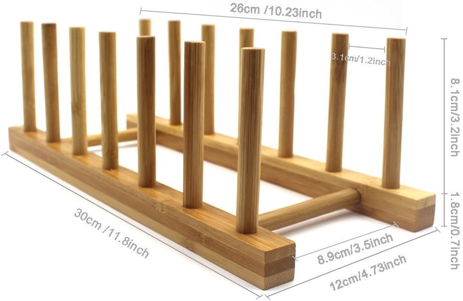 Bamboo Wooden Dish Rack, Vertical Plate & Lid Organizer | for Kitchen Cabinet or Countertop, Drying Stand for Dishes, Cutting Boards