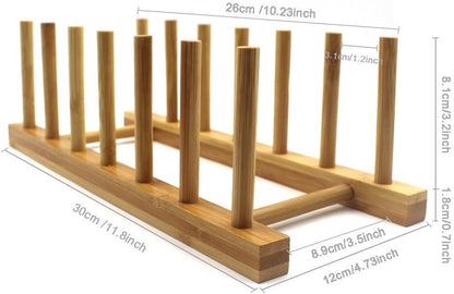 Bamboo Wooden Dish Rack, Vertical Plate & Lid Organizer | for Kitchen Cabinet or Countertop, Drying Stand for Dishes, Cutting Boards