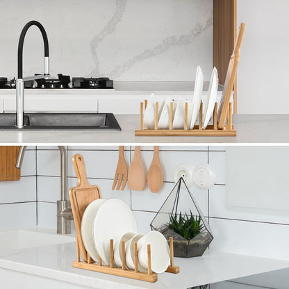 Bamboo Wooden Dish Rack, Vertical Plate & Lid Organizer | for Kitchen Cabinet or Countertop, Drying Stand for Dishes, Cutting Boards