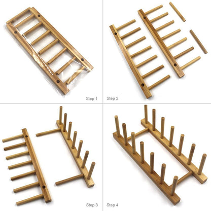 Bamboo Wooden Dish Rack, Vertical Plate & Lid Organizer | for Kitchen Cabinet or Countertop, Drying Stand for Dishes, Cutting Boards