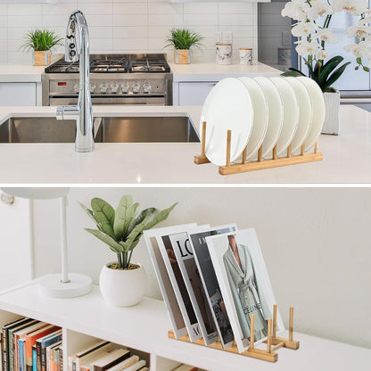 Bamboo Wooden Dish Rack, Vertical Plate & Lid Organizer | for Kitchen Cabinet or Countertop, Drying Stand for Dishes, Cutting Boards