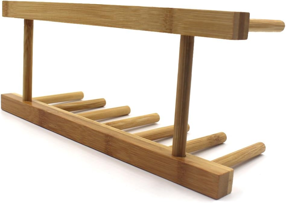 Bamboo Wooden Dish Rack, Vertical Plate & Lid Organizer | for Kitchen Cabinet or Countertop, Drying Stand for Dishes, Cutting Boards