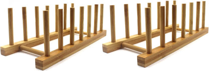 Bamboo Wooden Dish Rack, Vertical Plate & Lid Organizer | for Kitchen Cabinet or Countertop, Drying Stand for Dishes, Cutting Boards