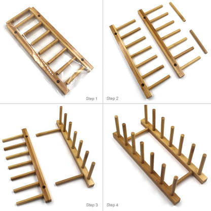 Bamboo Wooden Dish Rack, Vertical Plate & Lid Organizer | for Kitchen Cabinet or Countertop, Drying Stand for Dishes, Cutting Boards