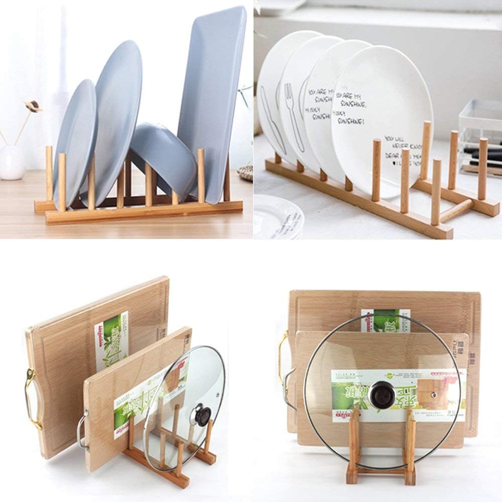 Bamboo Wooden Dish Rack, Vertical Plate & Lid Organizer | for Kitchen Cabinet or Countertop, Drying Stand for Dishes, Cutting Boards
