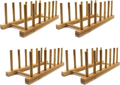 Bamboo Wooden Dish Rack, Vertical Plate & Lid Organizer | for Kitchen Cabinet or Countertop, Drying Stand for Dishes, Cutting Boards