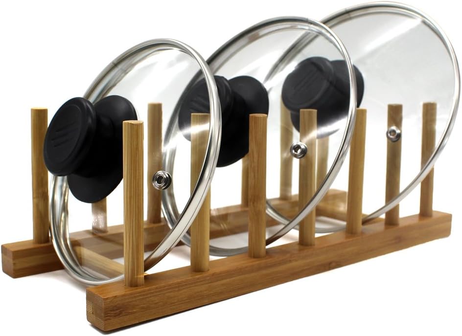 Bamboo Wooden Dish Rack, Vertical Plate & Lid Organizer | for Kitchen Cabinet or Countertop, Drying Stand for Dishes, Cutting Boards