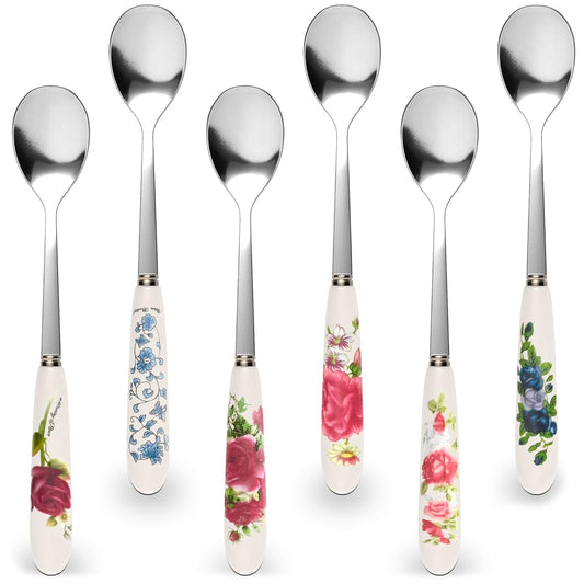 6 Pcs Coffee Spoons Set, 6.1 In, Floral Ceramic Handle & Stainless Steel | Small Tea Spoons for Tea Party, Coffee Bar, Cappuccino, Sugar & Gift for Women; Heat-Resistant Handles; Espresso Stirrers