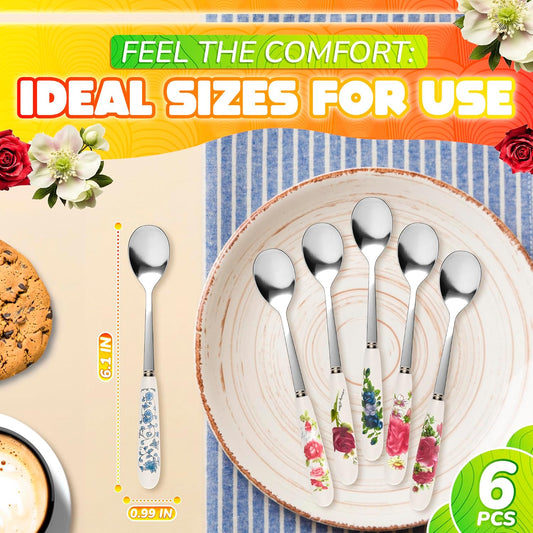 6 Pcs Coffee Spoons Set, 6.1 In, Floral Ceramic Handle & Stainless Steel | Small Tea Spoons for Tea Party, Coffee Bar, Cappuccino, Sugar & Gift for Women; Heat-Resistant Handles; Espresso Stirrers