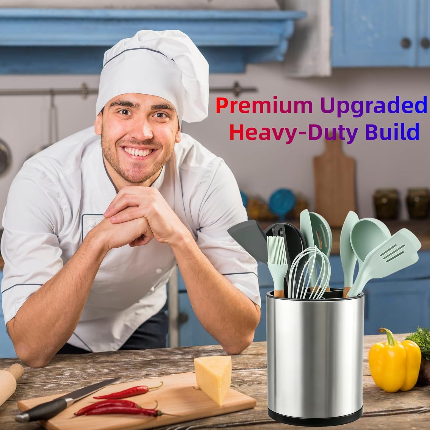 Kitchen Utensil Holder,Extra Large 360°Rotating For Countertop Organizer | Stainless Steel Storage,Hold 40 Utensils,Cooking Silverware Caddy 3 Compartment Spoon Spatula Tool Container（Silvery）