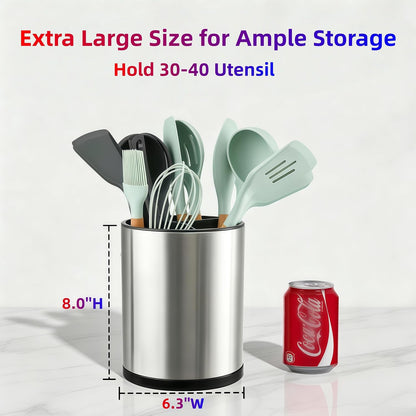 Kitchen Utensil Holder,Extra Large 360°Rotating For Countertop Organizer | Stainless Steel Storage,Hold 40 Utensils,Cooking Silverware Caddy 3 Compartment Spoon Spatula Tool Container（Silvery）