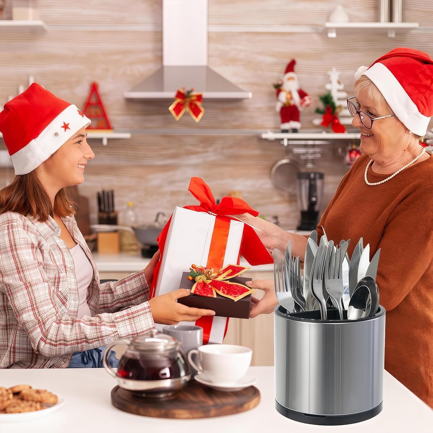 Kitchen Utensil Holder,Extra Large 360°Rotating For Countertop Organizer | Stainless Steel Storage,Hold 40 Utensils,Cooking Silverware Caddy 3 Compartment Spoon Spatula Tool Container（Silvery）