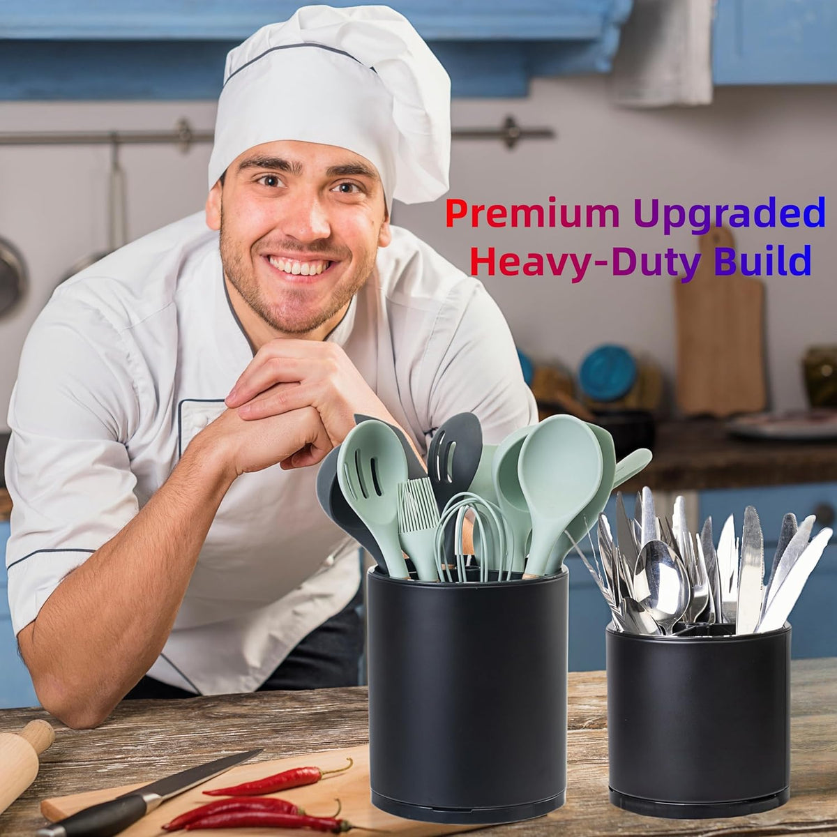 Kitchen Utensil Holder,Extra Large 360°Rotating For Countertop Organizer | Stainless Steel Storage,Hold 40 Utensils,Cooking Silverware Caddy 3 Compartment Spoon Spatula Tool Container（Silvery）