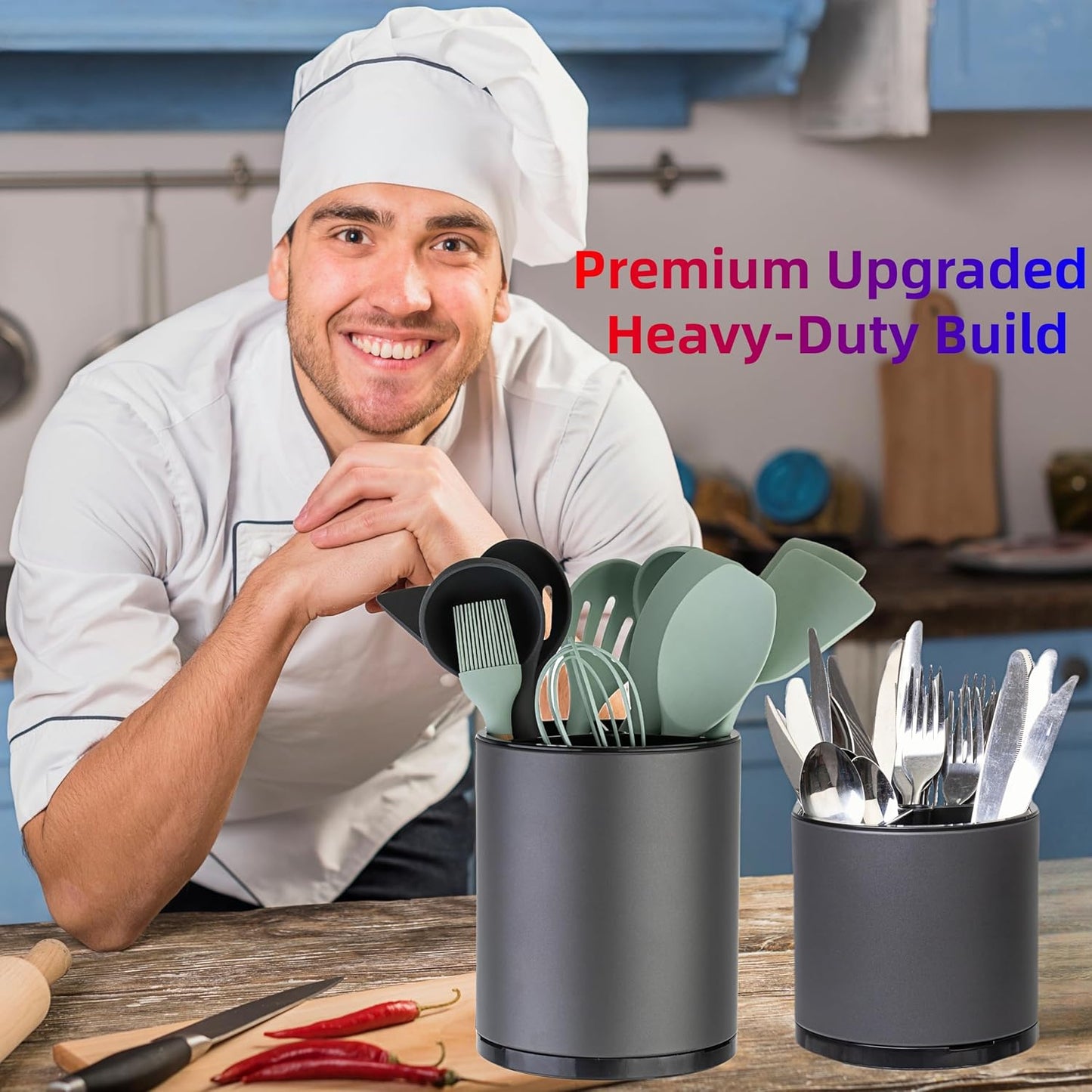 Kitchen Utensil Holder,Extra Large 360°Rotating For Countertop Organizer | Stainless Steel Storage,Hold 40 Utensils,Cooking Silverware Caddy 3 Compartment Spoon Spatula Tool Container（Silvery）