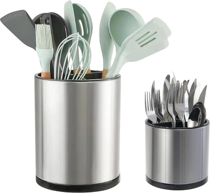 Kitchen Utensil Holder,Extra Large 360°Rotating For Countertop Organizer | Stainless Steel Storage,Hold 40 Utensils,Cooking Silverware Caddy 3 Compartment Spoon Spatula Tool Container（Silvery）