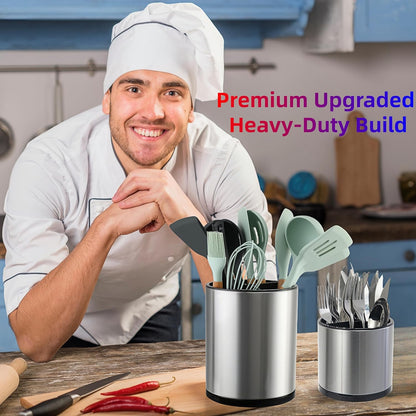 Kitchen Utensil Holder,Extra Large 360°Rotating For Countertop Organizer | Stainless Steel Storage,Hold 40 Utensils,Cooking Silverware Caddy 3 Compartment Spoon Spatula Tool Container（Silvery）