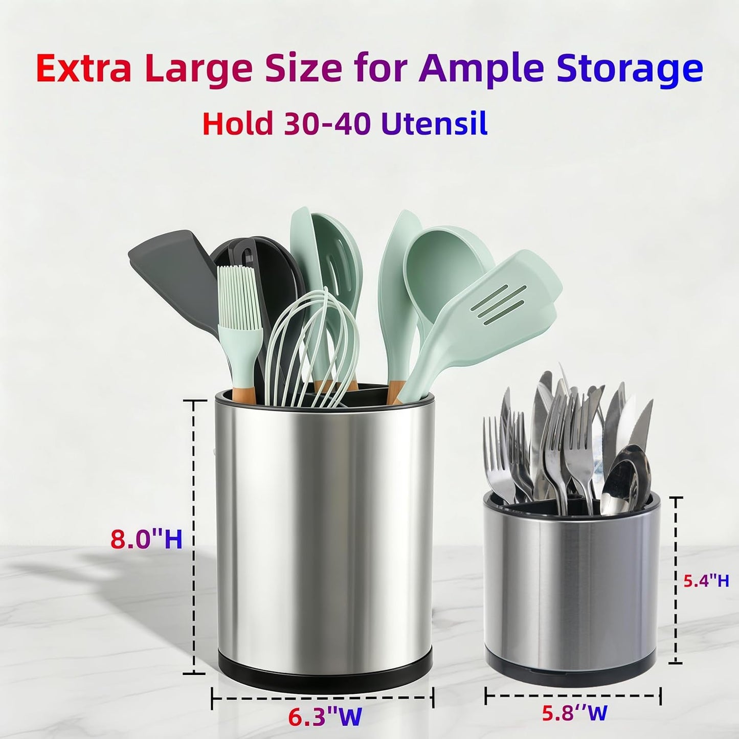 Kitchen Utensil Holder,Extra Large 360°Rotating For Countertop Organizer | Stainless Steel Storage,Hold 40 Utensils,Cooking Silverware Caddy 3 Compartment Spoon Spatula Tool Container（Silvery）