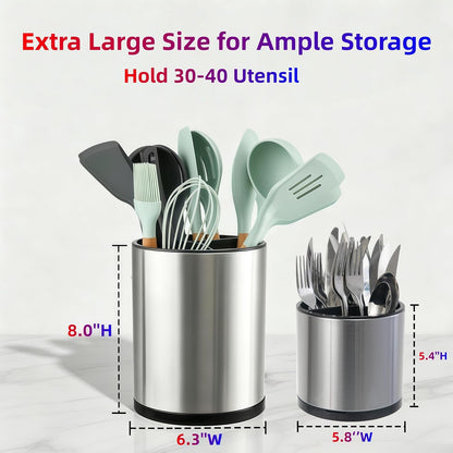 Kitchen Utensil Holder,Extra Large 360°Rotating For Countertop Organizer | Stainless Steel Storage,Hold 40 Utensils,Cooking Silverware Caddy 3 Compartment Spoon Spatula Tool Container（Silvery）