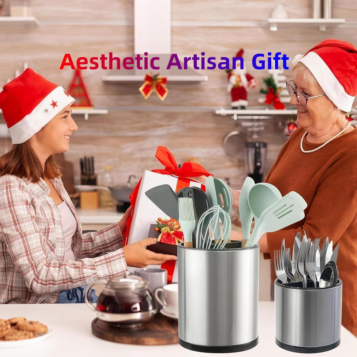 Kitchen Utensil Holder,Extra Large 360°Rotating For Countertop Organizer | Stainless Steel Storage,Hold 40 Utensils,Cooking Silverware Caddy 3 Compartment Spoon Spatula Tool Container（Silvery）