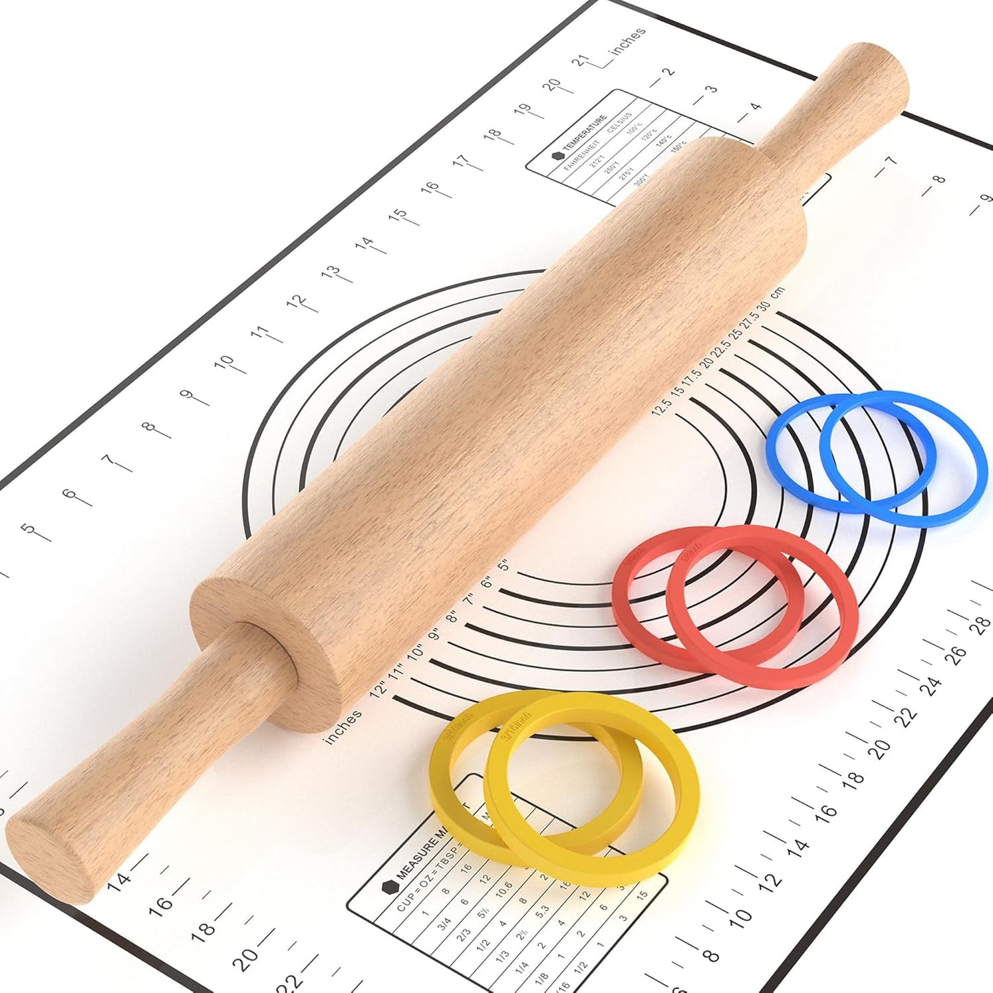 Classic Wooden Rolling Pin with Handle for Fondant, Pizza, Pies, Cookies, Pastries, Rolling Pin for Baking with 3 Multi-Color Thickness Rings, 17"x2.5" (Include handle) Beechwood Rolling Pin