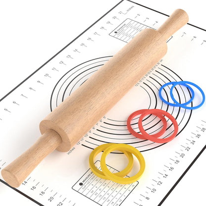 Classic Wooden Rolling Pin with Handle for Fondant, Pizza, Pies, Cookies, Pastries, Rolling Pin for Baking with 3 Multi-Color Thickness Rings, 17"x2.5" (Include handle) Beechwood Rolling Pin