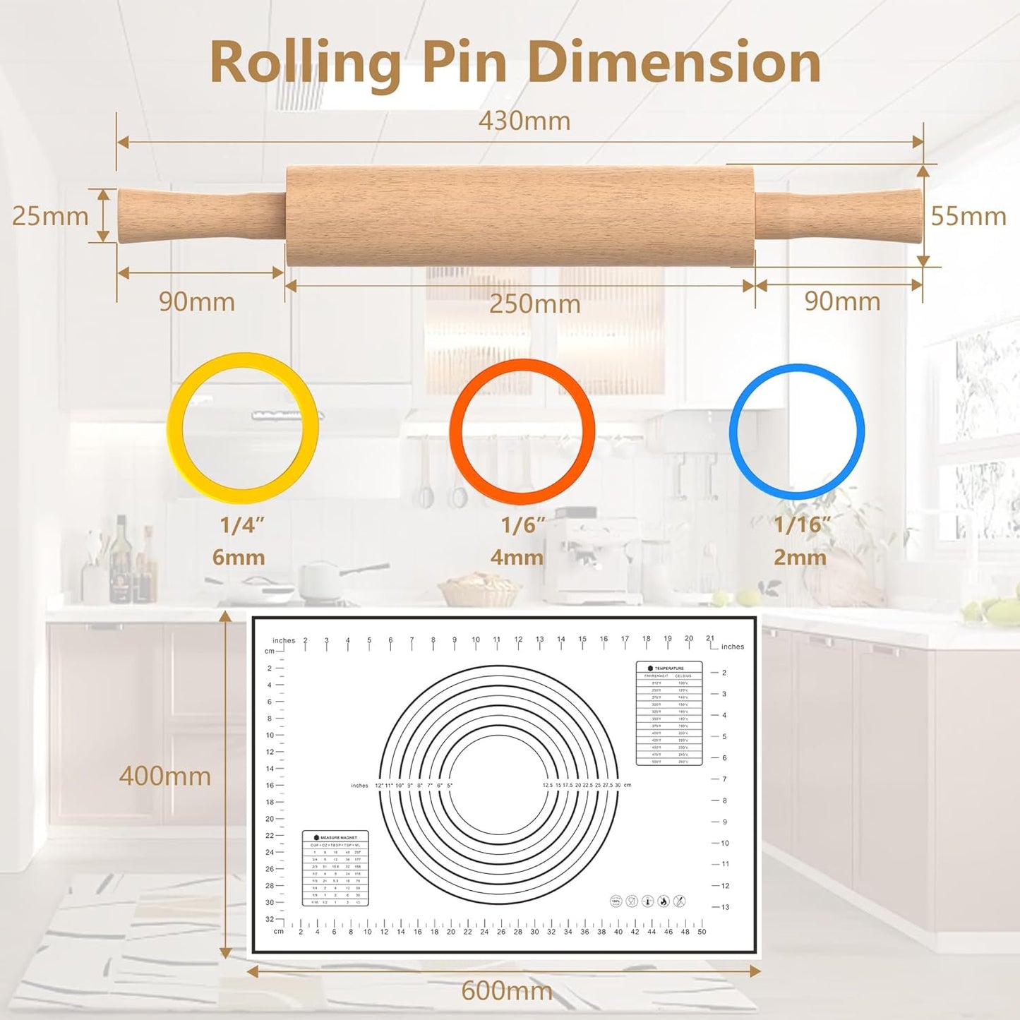 Classic Wooden Rolling Pin with Handle for Fondant, Pizza, Pies, Cookies, Pastries, Rolling Pin for Baking with 3 Multi-Color Thickness Rings, 17"x2.5" (Include handle) Beechwood Rolling Pin
