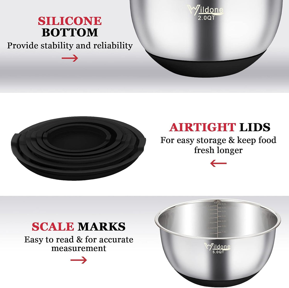 Mixing Bowls with Airtight Lids, Stainless Steel Mixing Bowls Set