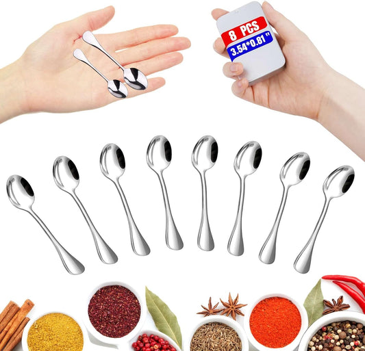 8PCS Mini Stainless Steel Spoons (Upgraded Larger Size 3.54 inch) - Small Salt Spoons SUS 304 Food Grade Mini Seasoning Spoon for Powder Spices Jars, Pepper, Sugar, Honey