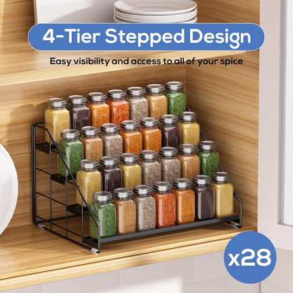 Spice Rack Organizer for Cabinet, 4 Tiered Spice Rack Organizer, Tiered Adjustable Spice Shelf for Kitchen Countertop Organization, Bright Black