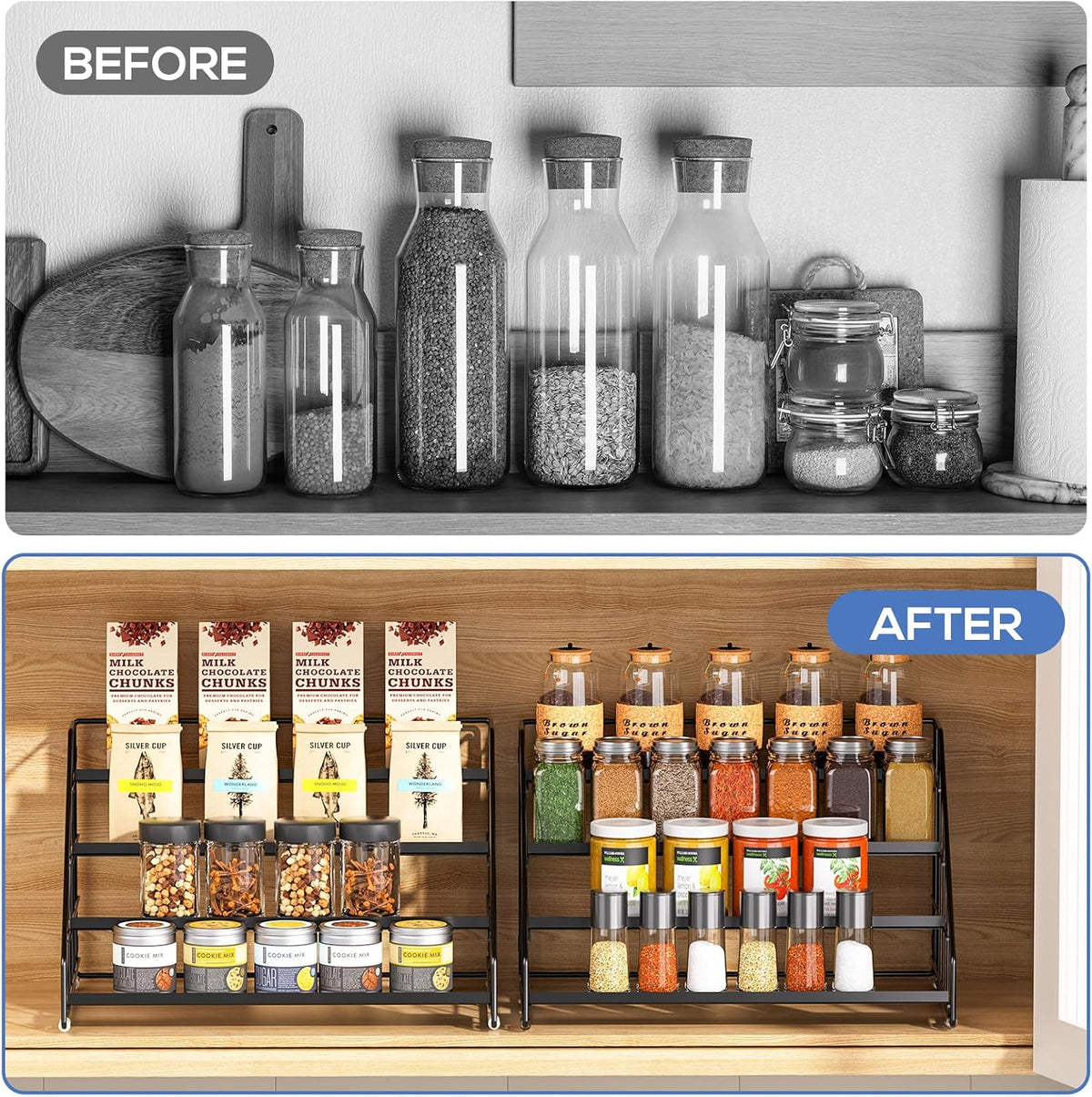 Spice Rack Organizer for Cabinet, 4 Tiered Spice Rack Organizer, Tiered Adjustable Spice Shelf for Kitchen Countertop Organization, Bright Black