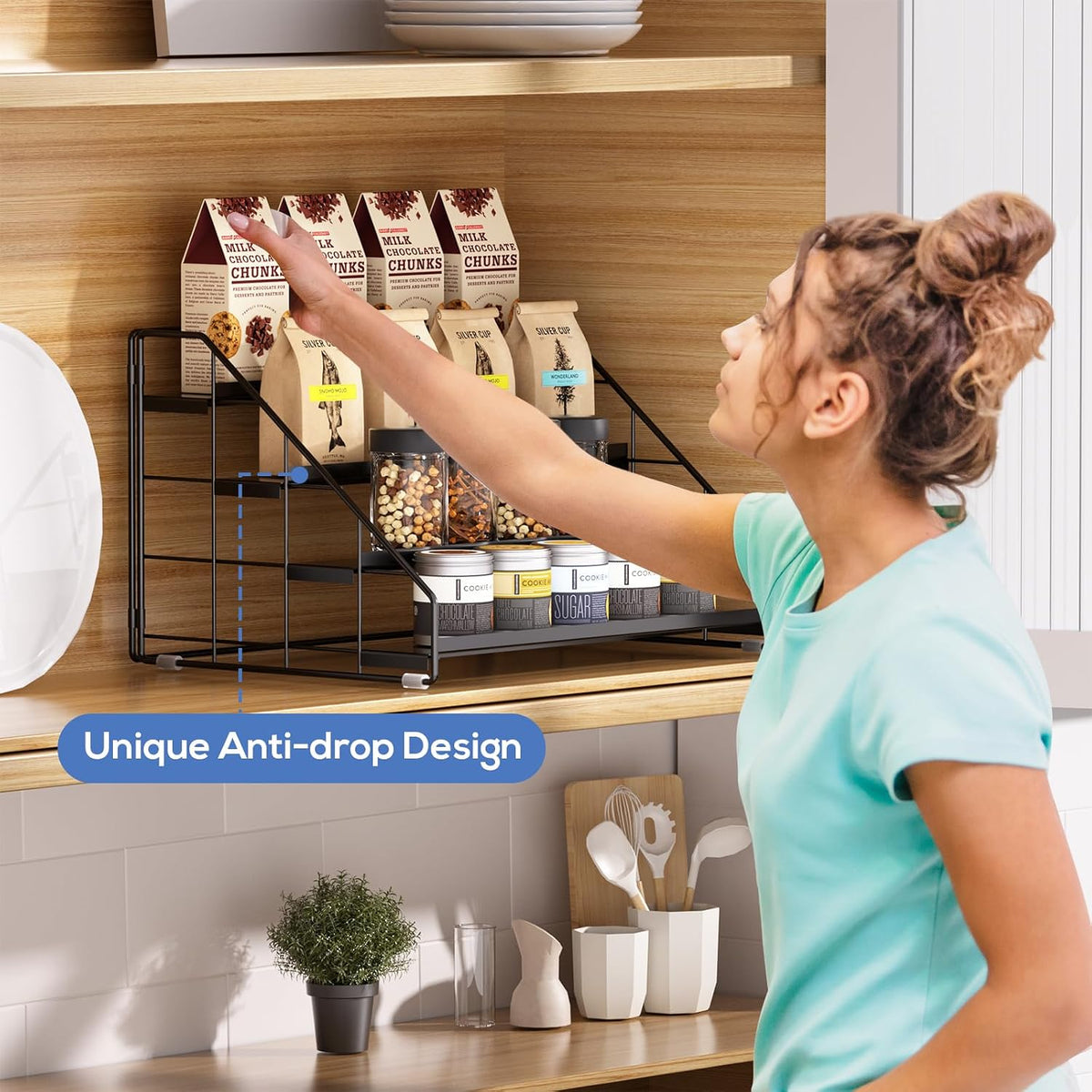 Spice Rack Organizer for Cabinet, 4 Tiered Spice Rack Organizer, Tiered Adjustable Spice Shelf for Kitchen Countertop Organization, Bright Black