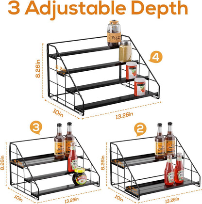 Spice Rack Organizer for Cabinet, 4 Tiered Spice Rack Organizer, Tiered Adjustable Spice Shelf for Kitchen Countertop Organization, Bright Black
