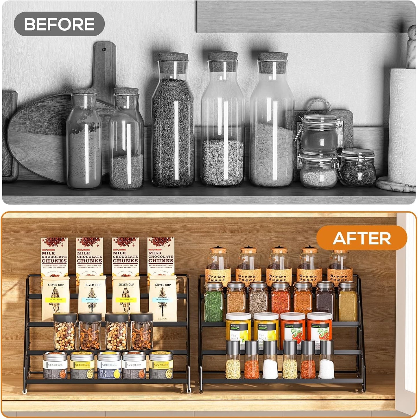 Spice Rack Organizer for Cabinet, 4 Tiered Spice Rack Organizer, Tiered Adjustable Spice Shelf for Kitchen Countertop Organization, Bright Black