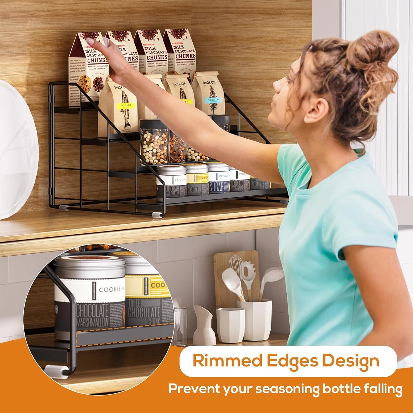 Spice Rack Organizer for Cabinet, 4 Tiered Spice Rack Organizer, Tiered Adjustable Spice Shelf for Kitchen Countertop Organization, Bright Black