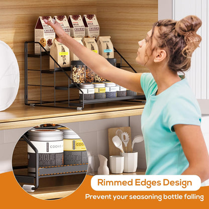 Spice Rack Organizer for Cabinet, 4 Tiered Spice Rack Organizer, Tiered Adjustable Spice Shelf for Kitchen Countertop Organization, Bright Black