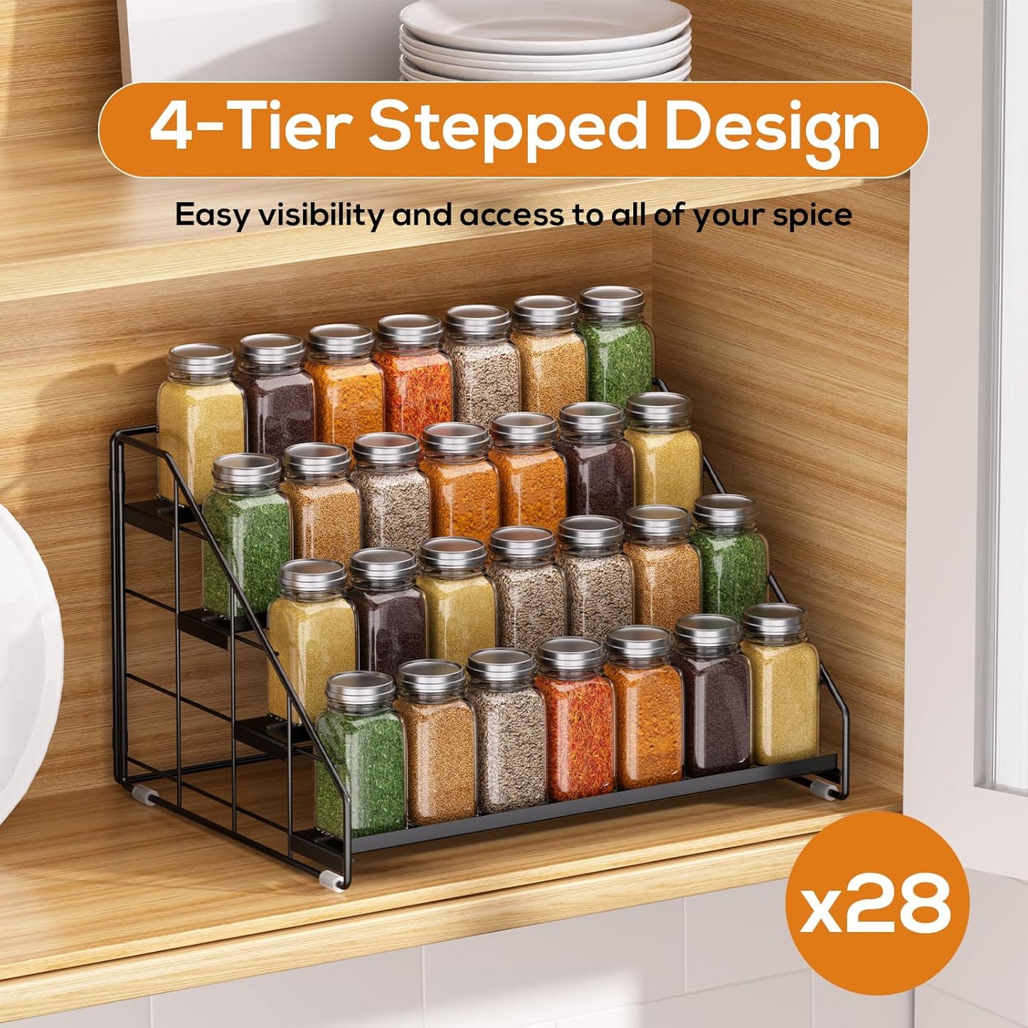 Spice Rack Organizer for Cabinet, 4 Tiered Spice Rack Organizer, Tiered Adjustable Spice Shelf for Kitchen Countertop Organization, Bright Black