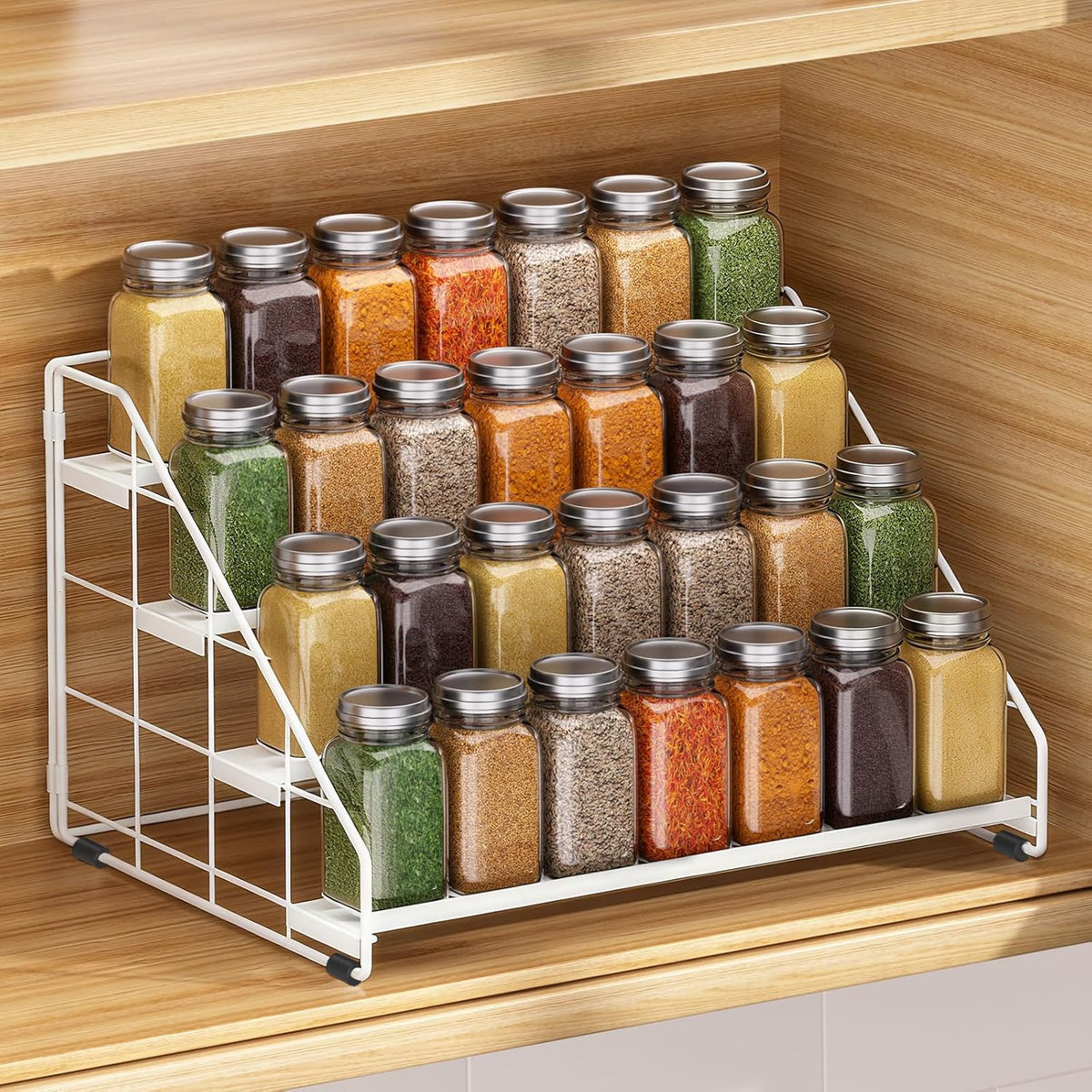 Spice Rack Organizer for Cabinet, 4 Tiered Spice Rack Organizer, Tiered Adjustable Spice Shelf for Kitchen Countertop Organization, Bright Black
