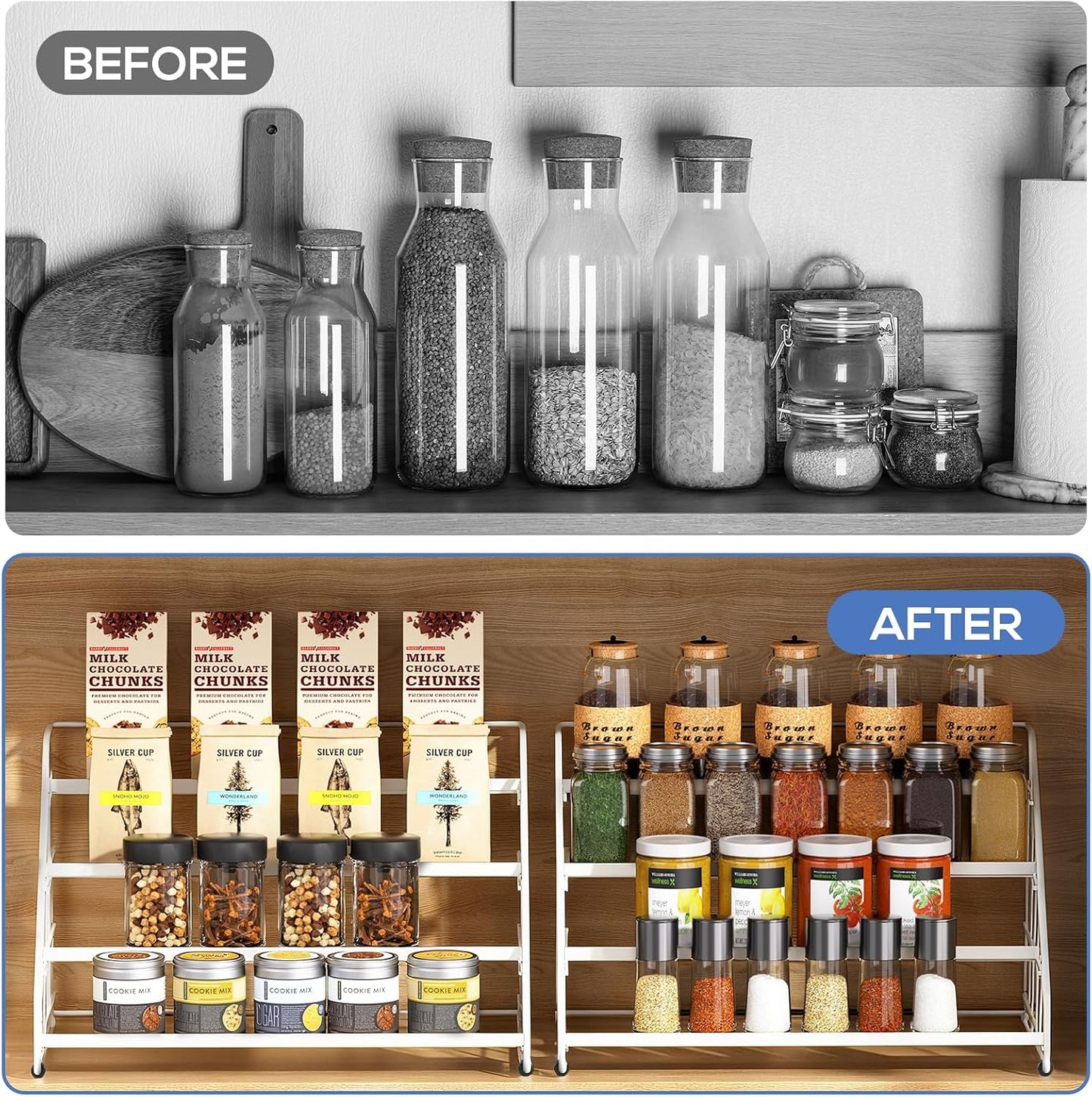 Spice Rack Organizer for Cabinet, 4 Tiered Spice Rack Organizer, Tiered Adjustable Spice Shelf for Kitchen Countertop Organization, Bright Black