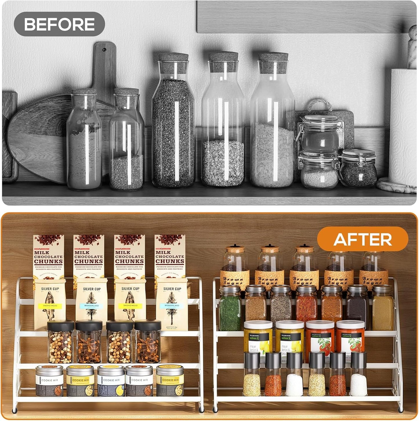 Spice Rack Organizer for Cabinet, 4 Tiered Spice Rack Organizer, Tiered Adjustable Spice Shelf for Kitchen Countertop Organization, Bright Black