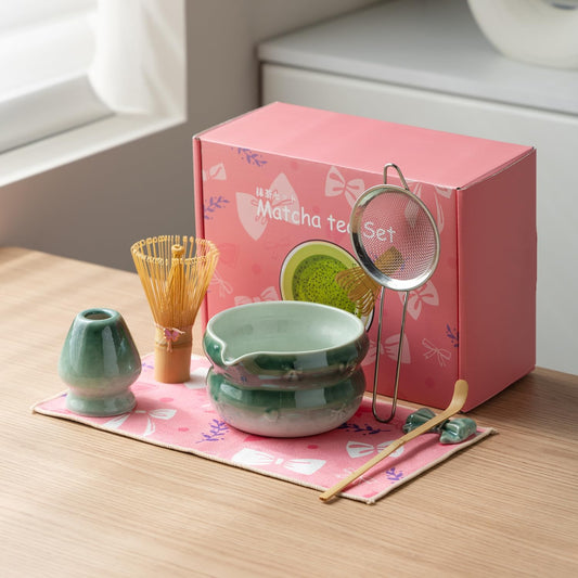 Matcha Kit 7-Pcs matcha whisk set, Measuring Spoon, Japanese Tea Making Tools,Cha, tea bowl, pink matcha set (dark blue)