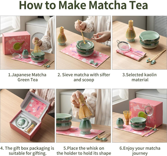 Matcha Kit 7-Pcs matcha whisk set, Measuring Spoon, Japanese Tea Making Tools,Cha, tea bowl, pink matcha set (dark blue)