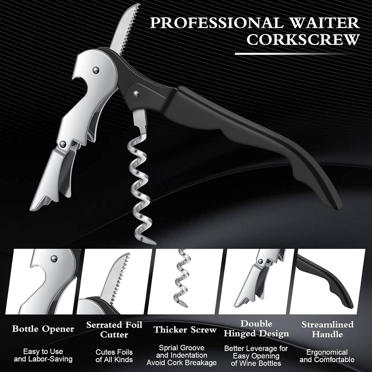 Waiter Corkscrew Wine Openers Heavy Duty Hinges Wine Key Bottle Opener All in One Double Hinged Waiter's Corkscrew with Foil Cutter Wine Tools for Bartenders Servers Sommelier (Black, 100 Pack)