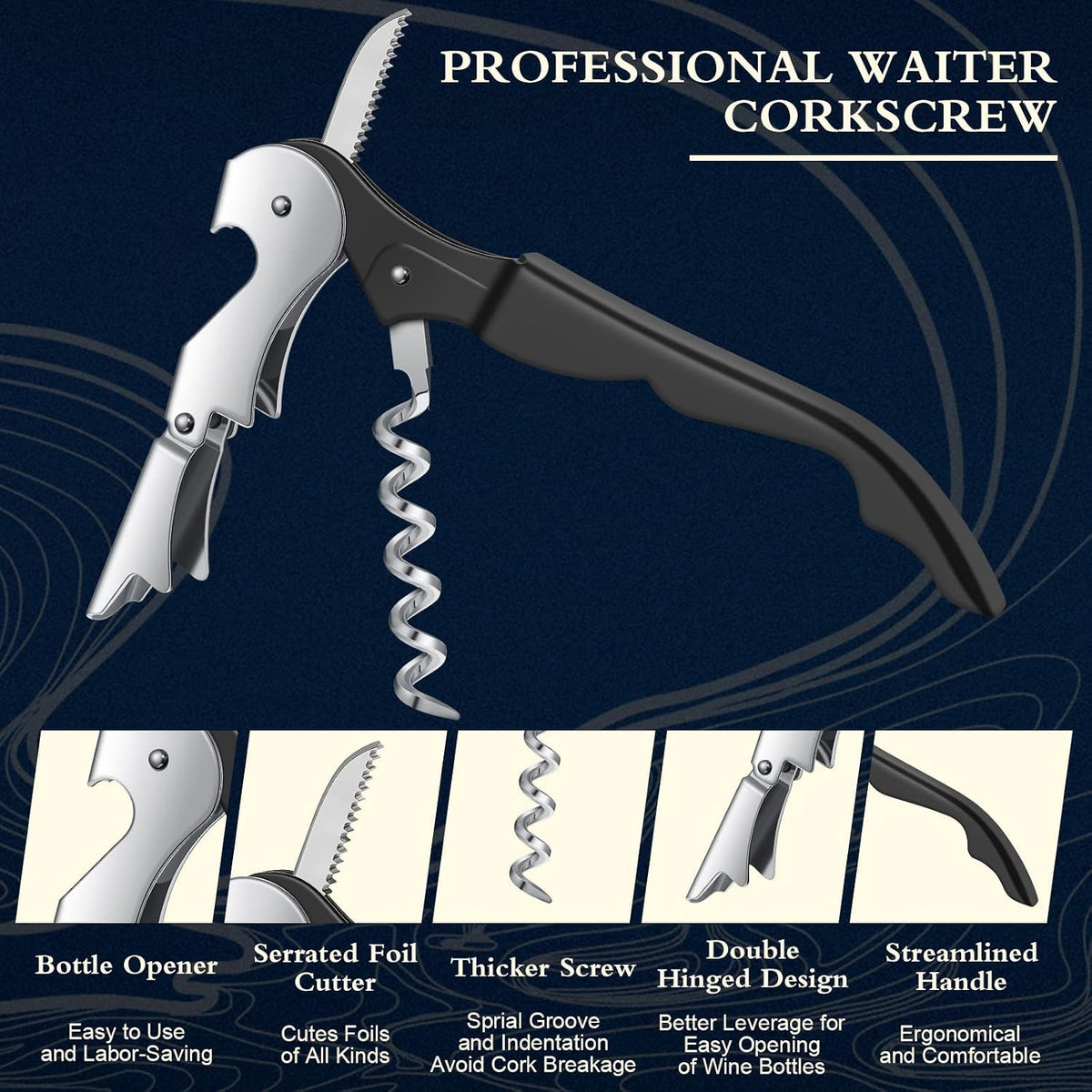 Waiter Corkscrew Wine Openers Heavy Duty Hinges Wine Key Bottle Opener All in One Double Hinged Waiter's Corkscrew with Foil Cutter Wine Tools for Bartenders Servers Sommelier (Black, 100 Pack)