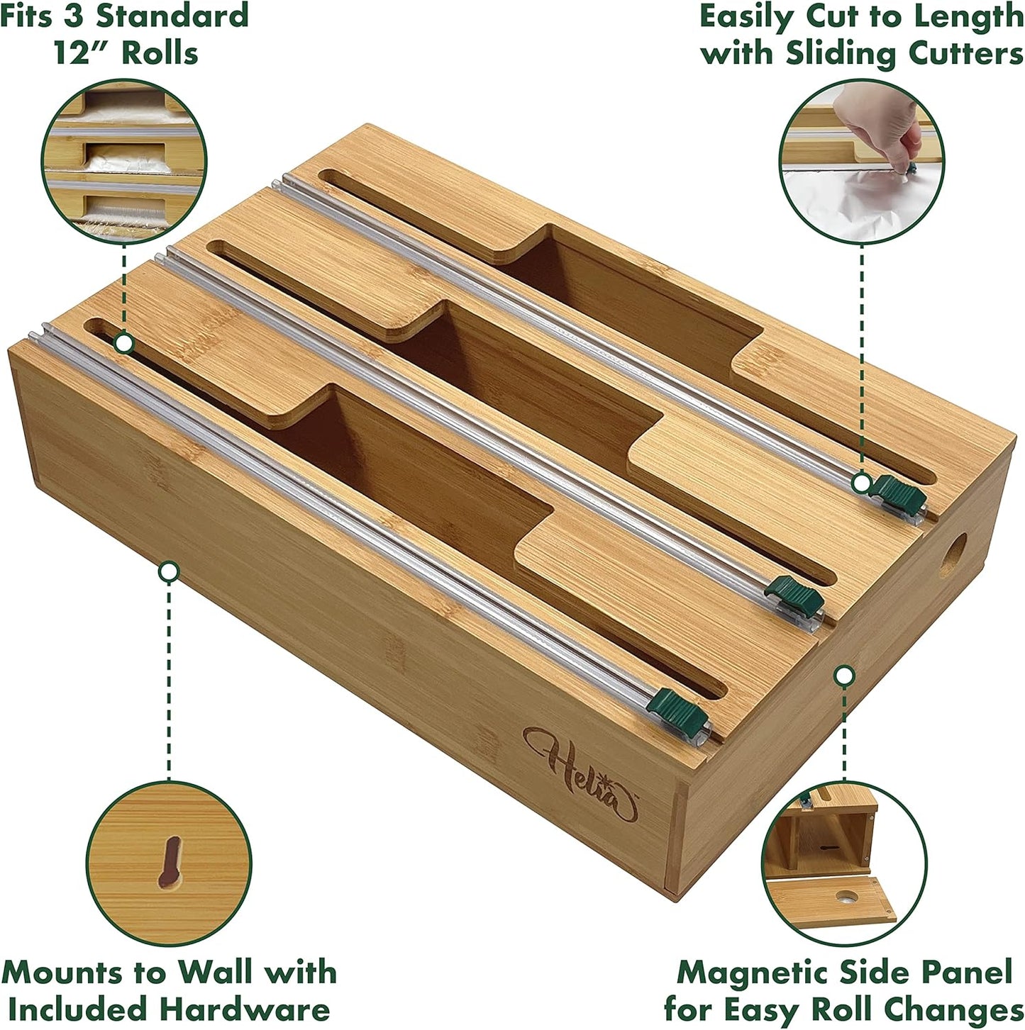 Bamboo Kitchen Wrap Organizer | Wall Mounting Solid Bamboo Foil and Plastic Wrap Dispenser with Sliding Cutters | Aluminum Foil and Plastic Wrap Dispenser with Cutter