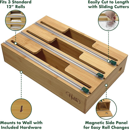 Bamboo Kitchen Wrap Organizer | Wall Mounting Solid Bamboo Foil and Plastic Wrap Dispenser with Sliding Cutters | Aluminum Foil and Plastic Wrap Dispenser with Cutter