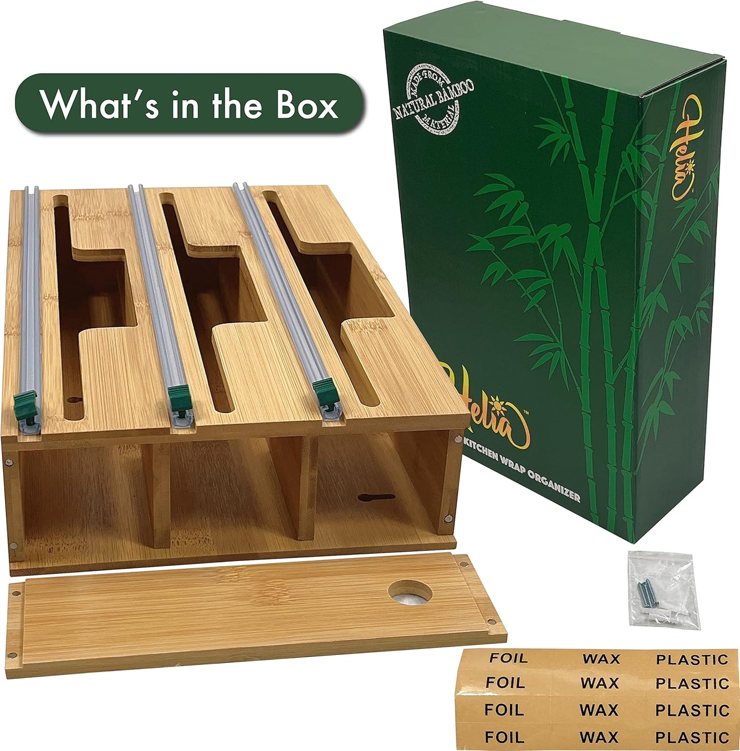 Bamboo Kitchen Wrap Organizer | Wall Mounting Solid Bamboo Foil and Plastic Wrap Dispenser with Sliding Cutters | Aluminum Foil and Plastic Wrap Dispenser with Cutter
