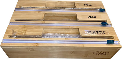 Bamboo Kitchen Wrap Organizer | Wall Mounting Solid Bamboo Foil and Plastic Wrap Dispenser with Sliding Cutters | Aluminum Foil and Plastic Wrap Dispenser with Cutter