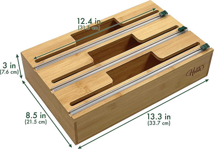 Bamboo Kitchen Wrap Organizer | Wall Mounting Solid Bamboo Foil and Plastic Wrap Dispenser with Sliding Cutters | Aluminum Foil and Plastic Wrap Dispenser with Cutter