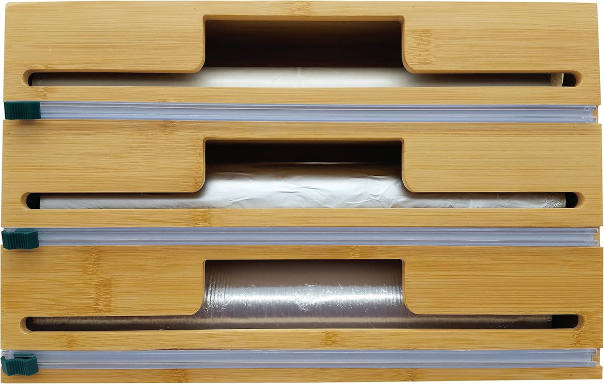 Bamboo Kitchen Wrap Organizer | Wall Mounting Solid Bamboo Foil and Plastic Wrap Dispenser with Sliding Cutters | Aluminum Foil and Plastic Wrap Dispenser with Cutter