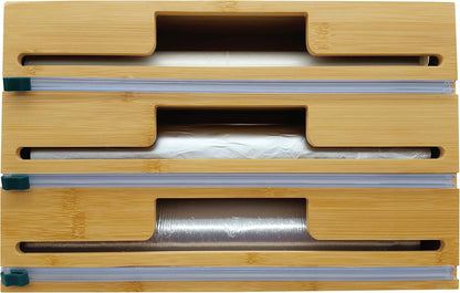 Bamboo Kitchen Wrap Organizer | Wall Mounting Solid Bamboo Foil and Plastic Wrap Dispenser with Sliding Cutters | Aluminum Foil and Plastic Wrap Dispenser with Cutter